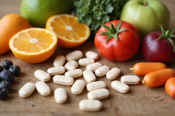 Tavolette di vitamine con frutta fresca, salute, nutrizione