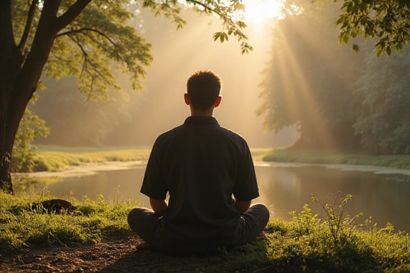 Uomo che medita in un ambiente sereno, armonia, pace