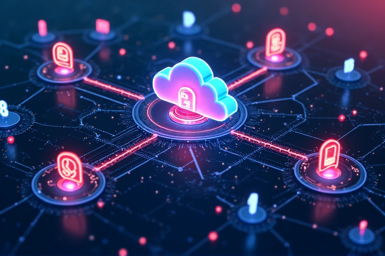 Icone che rappresentano la condivisione sicura dei dati tra diverse entità