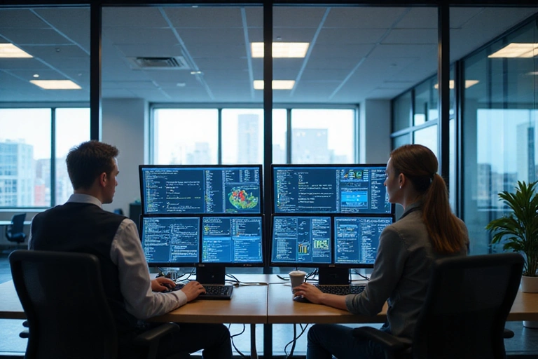 Ufficio moderno con persone che lavorano e schermi che mostrano dati